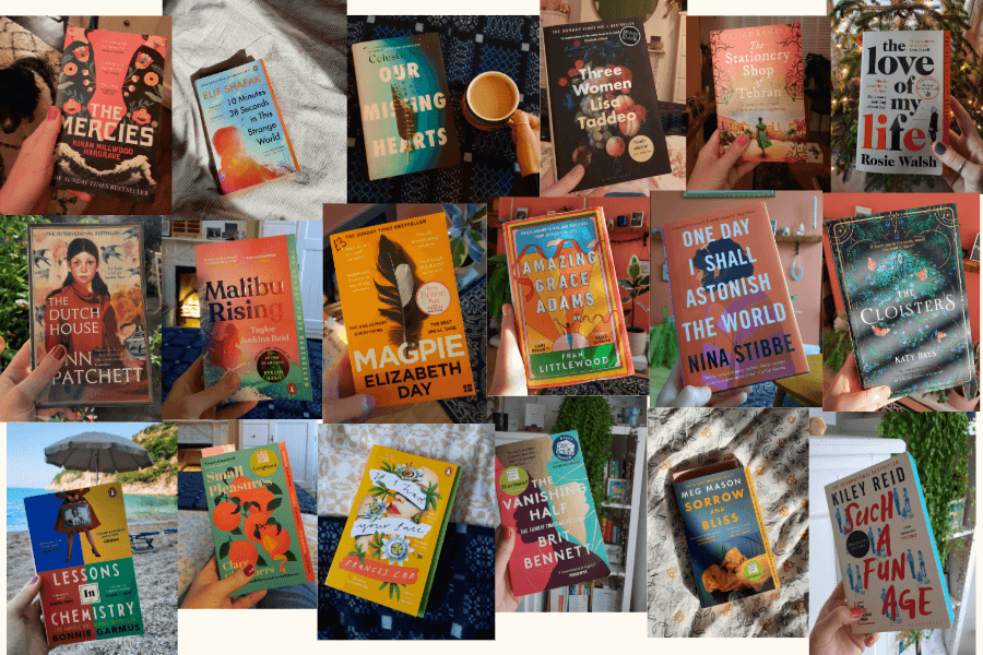 Collage of books being held up in different places.