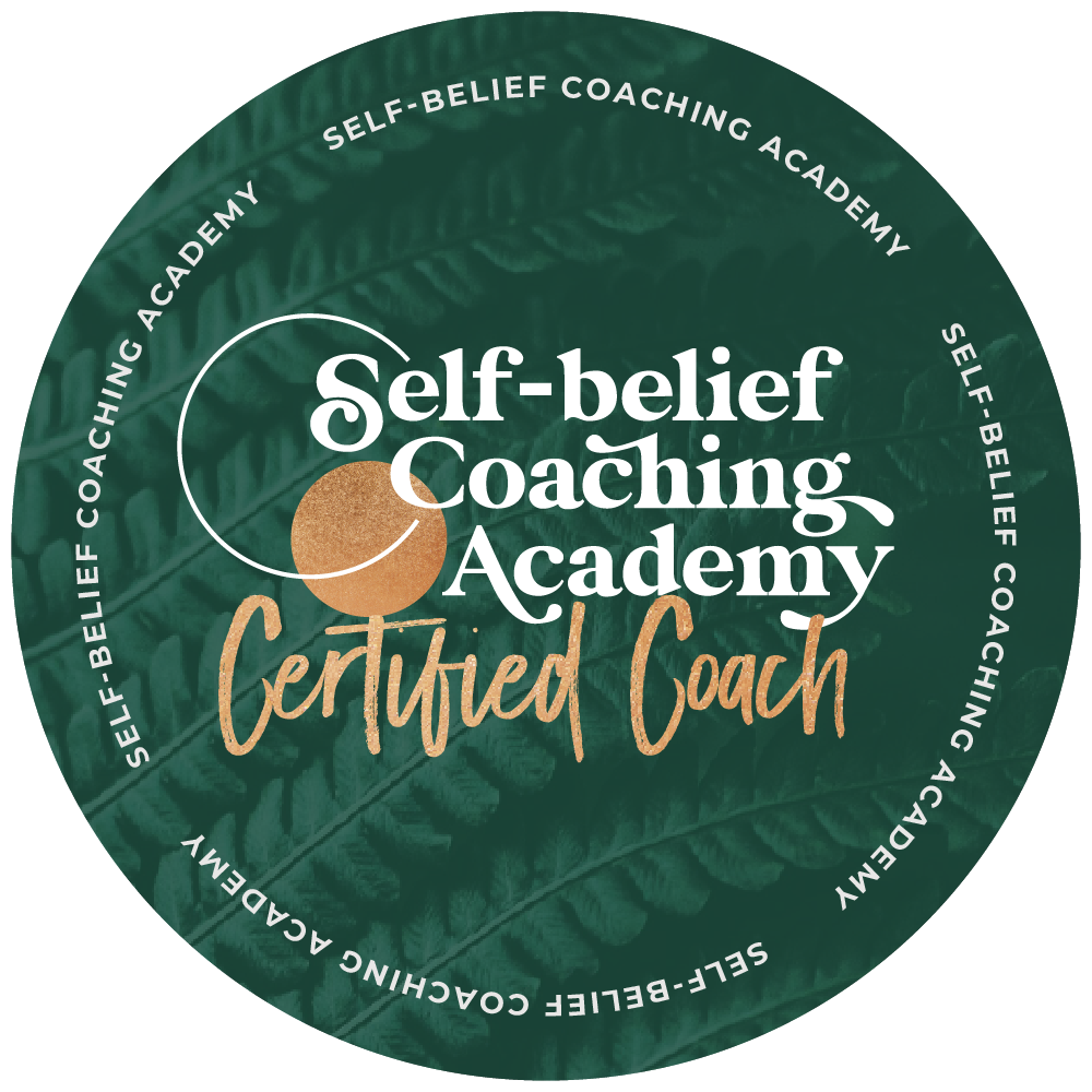 Green, white and gold 'Self-belief Coaching Academy Certified Coach' badge